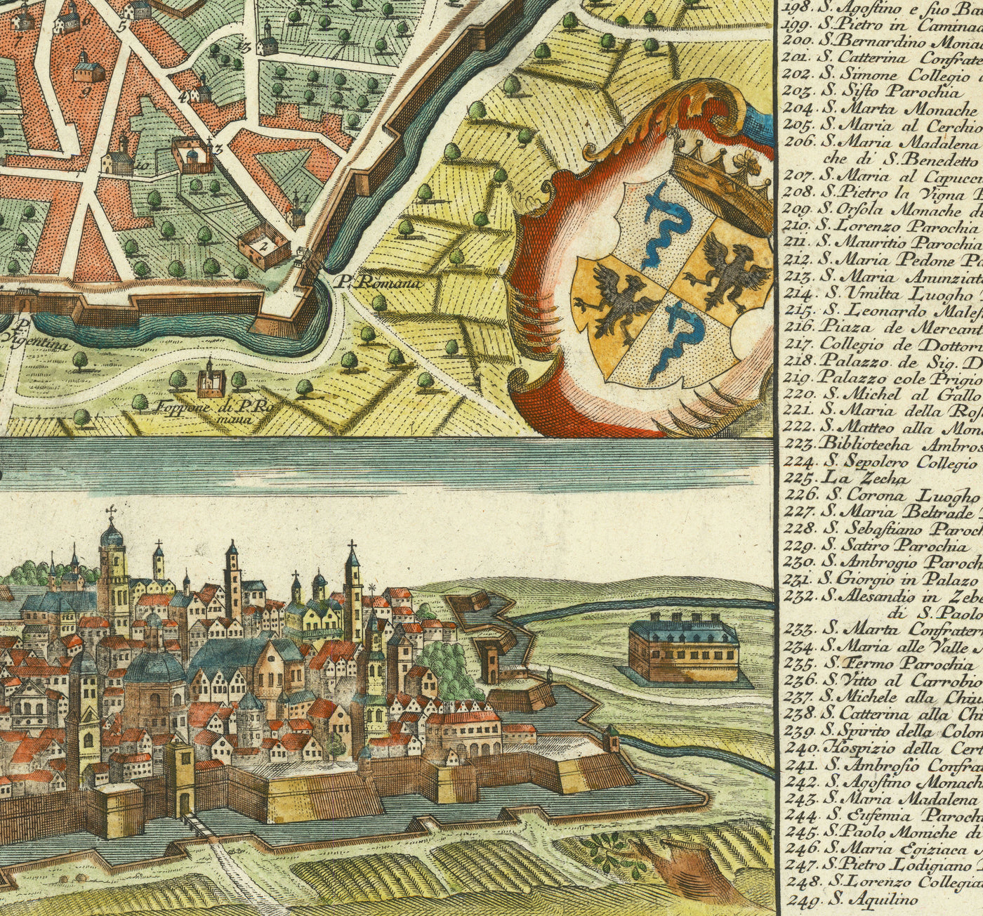 Mapa antiguo de Milán, Italia en 1730 por Seutter - San Carlo al Lazzaretto, Castillo Sforzesco, Duomo, Basílica di Sant'Ambrogio, Pinacoteca di Brera