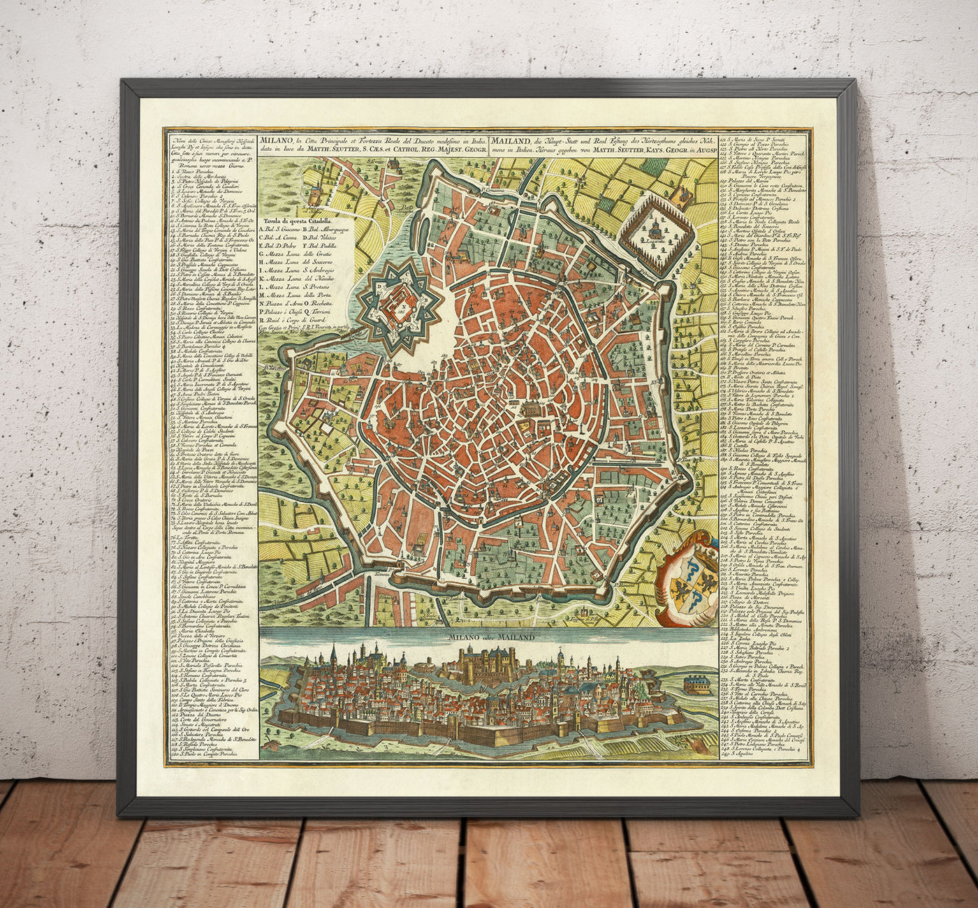 Mapa antiguo de Milán, Italia en 1730 por Seutter - San Carlo al Lazzaretto, Castillo Sforzesco, Duomo, Basílica di Sant'Ambrogio, Pinacoteca di Brera