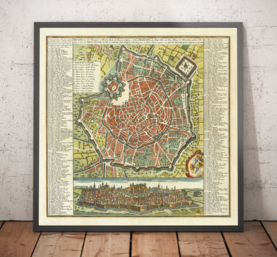 Mapa antiguo de Milán, Italia en 1730 por Seutter - San Carlo al Lazzaretto, Castillo Sforzesco, Duomo, Basílica di Sant'Ambrogio, Pinacoteca di Brera