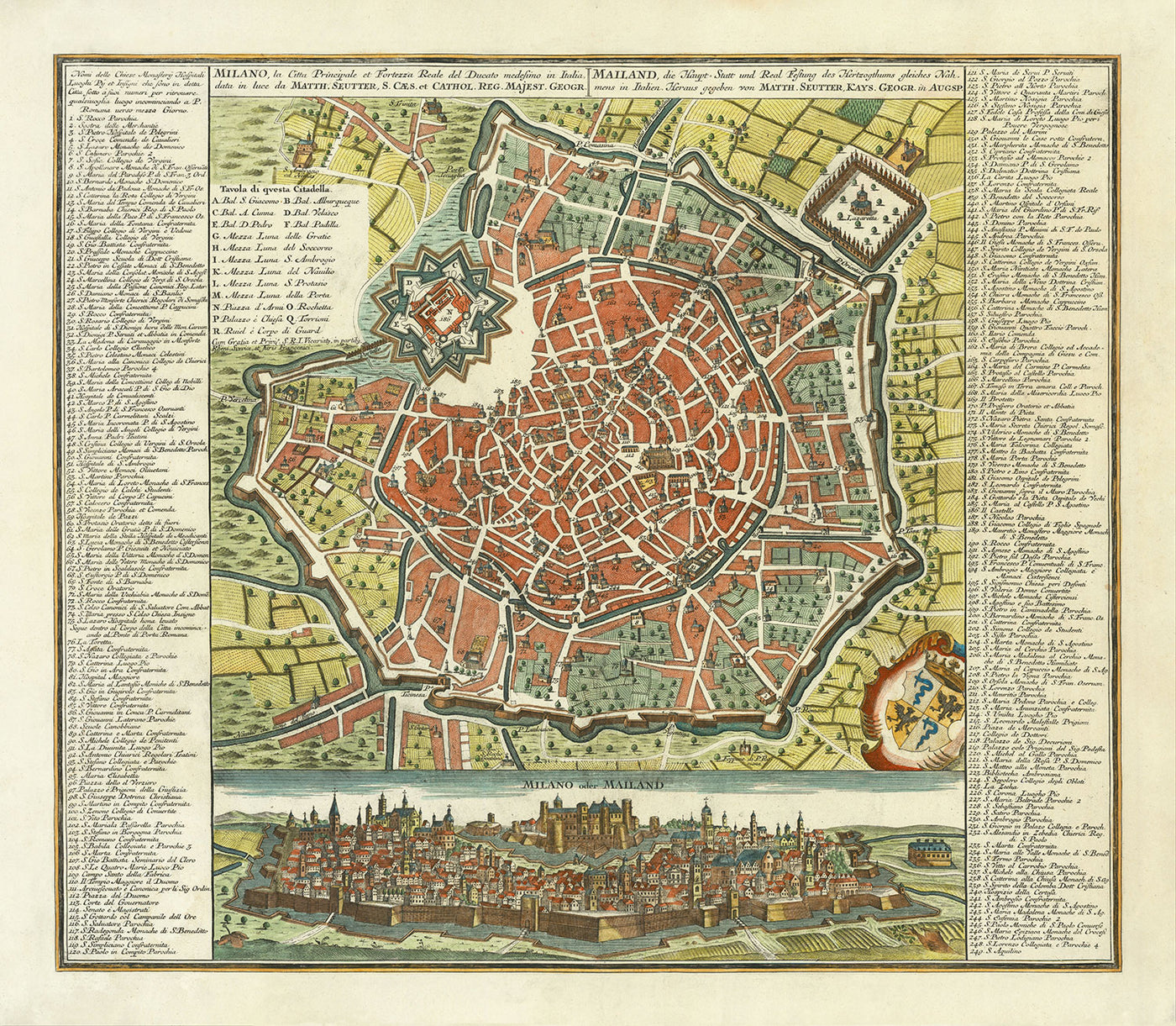 Mapa antiguo de Milán, Italia en 1730 por Seutter - San Carlo al Lazzaretto, Castillo Sforzesco, Duomo, Basílica di Sant'Ambrogio, Pinacoteca di Brera