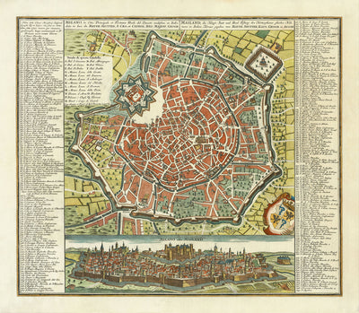 Mapa antiguo de Milán, Italia en 1730 por Seutter - San Carlo al Lazzaretto, Castillo Sforzesco, Duomo, Basílica di Sant'Ambrogio, Pinacoteca di Brera