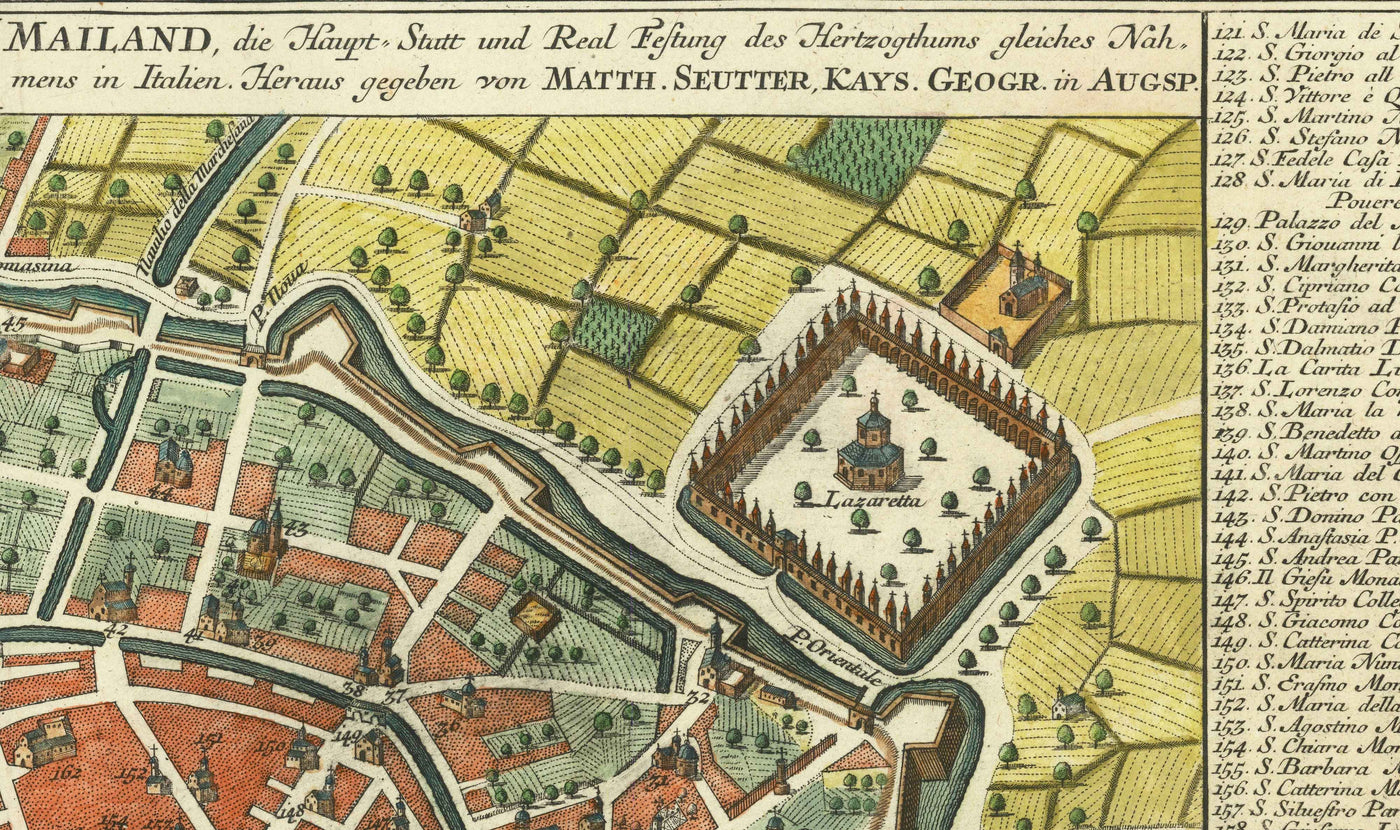 Mapa antiguo de Milán, Italia en 1730 por Seutter - San Carlo al Lazzaretto, Castillo Sforzesco, Duomo, Basílica di Sant'Ambrogio, Pinacoteca di Brera