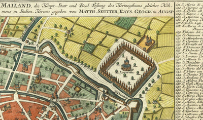 Mapa antiguo de Milán, Italia en 1730 por Seutter - San Carlo al Lazzaretto, Castillo Sforzesco, Duomo, Basílica di Sant'Ambrogio, Pinacoteca di Brera