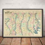 Ancienne carte du fleuve Mississippi, 1863 par JT Floyd - Carte en bandes de St Louis au Golfe du Mexique