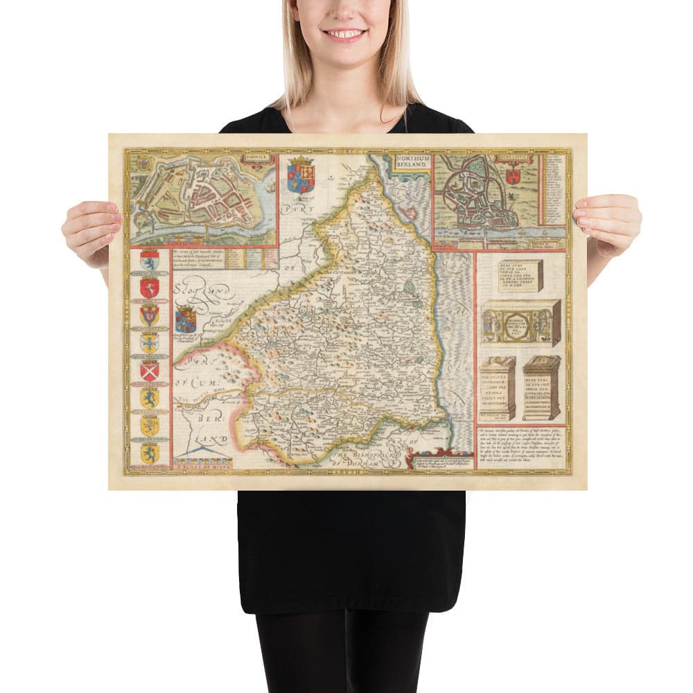 Alte Karte von Northumberland im Jahr 1611 von John Speed - Newcastle, Gateshead, Hadrianswall, Tyne und Wear 