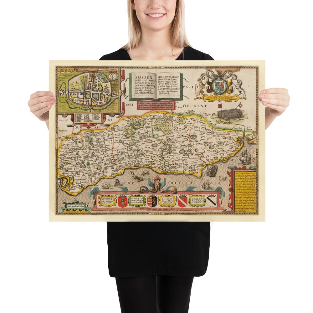 Alte Karte von Sussex im Jahr 1611 von John Speed - Worthing, Crawley, Brighton, Bognor, Eastbourne 