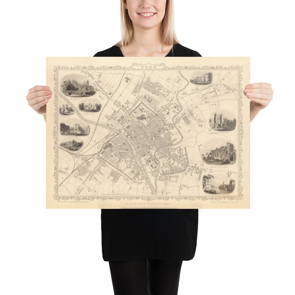 Old Map of York in 1851 by Tallis & Rapkin - City Centre Chart, York Minster Cathedral, River Ouse