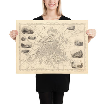 Old Map of York in 1851 by Tallis & Rapkin - City Centre Chart, York Minster Cathedral, River Ouse