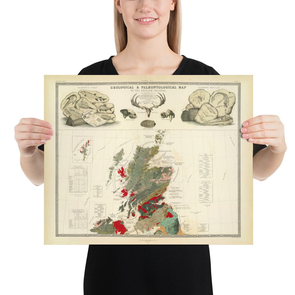 Ancienne carte géologique et paléontologique de l'Écosse, 1854, par A.K. Johnston et Edward Forbes - Rare Fossil Wall Chart