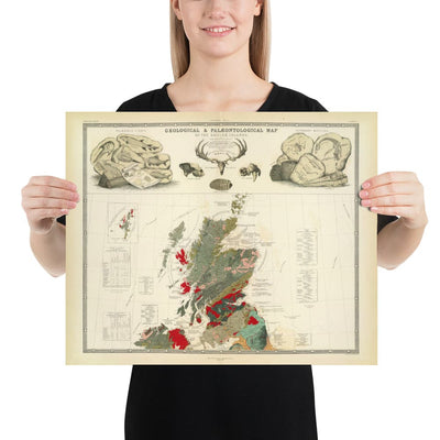 Ancienne carte géologique et paléontologique de l'Écosse, 1854, par A.K. Johnston et Edward Forbes - Rare Fossil Wall Chart