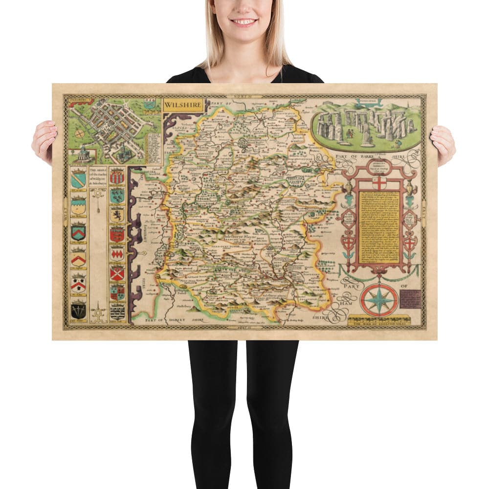 Ancienne carte de Wiltshire en 1611 par John Speed ​​- Salisbury, Stonehenge, Swindon, Trowbridge