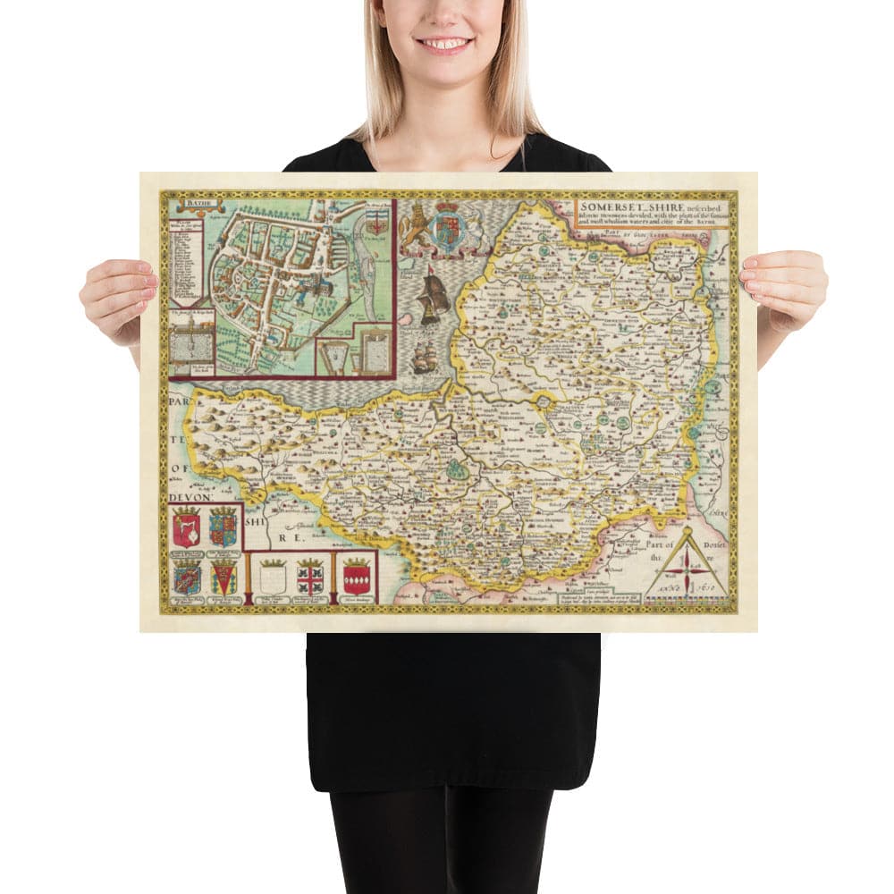 Old Map of Somerset in 1611 by John Speed - Bath, Portishead, Weston-super-Mare, Taunton