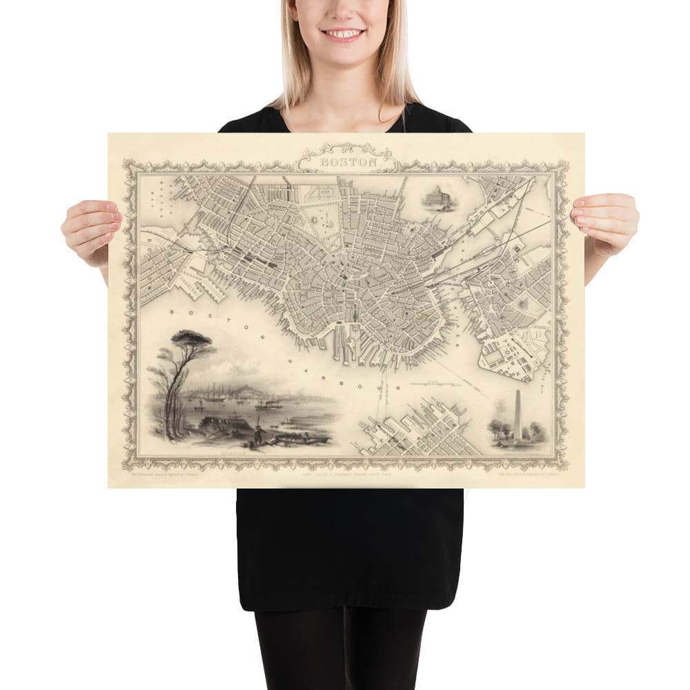 Mapa antiguo de Boston, Massachusetts en 1851 por Tallis & Rapkin