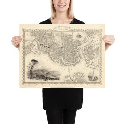 Mapa antiguo de Boston, Massachusetts en 1851 por Tallis & Rapkin