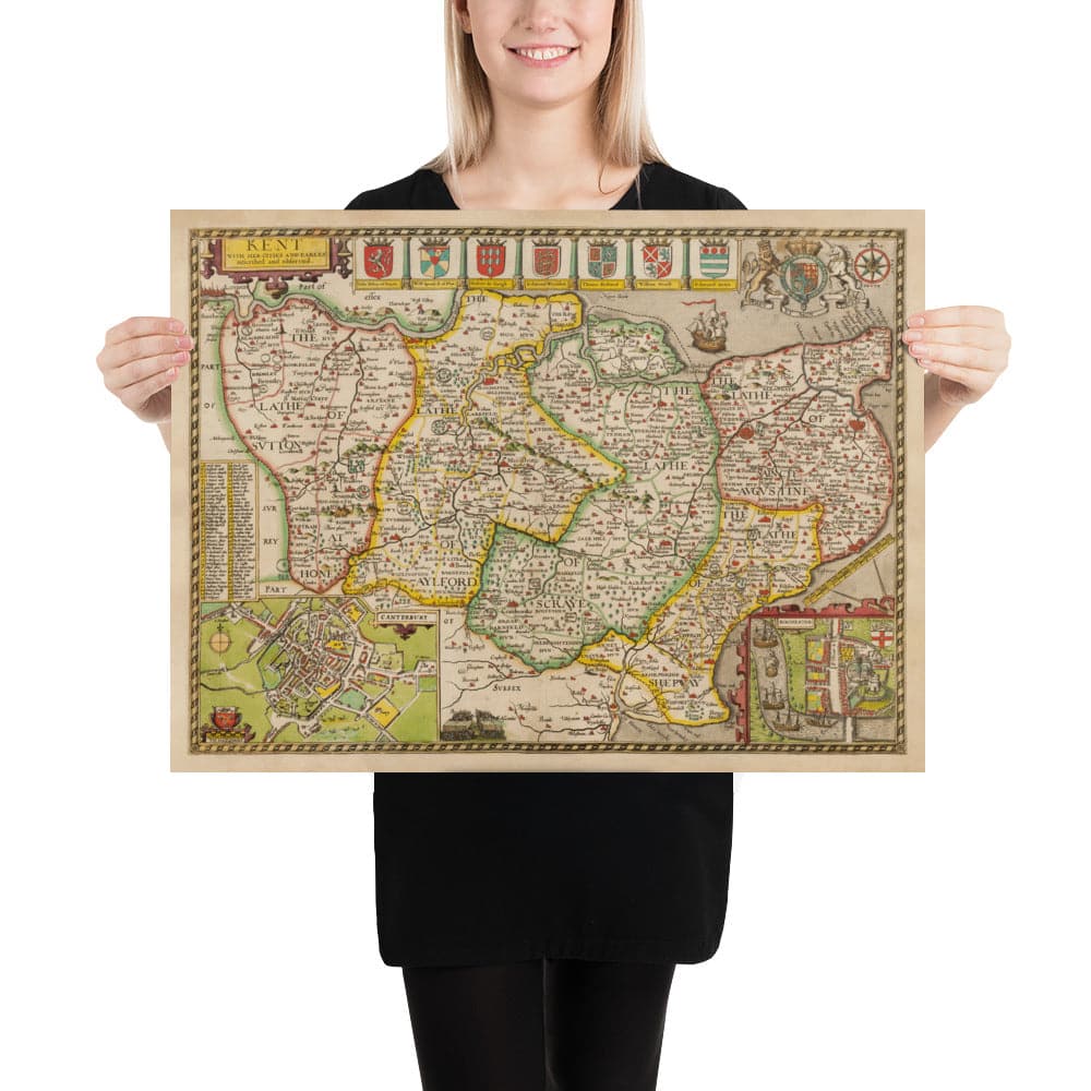 Viejo Mapa de Kent en 1611 por John Speed ​​- Dartford, Maidstone, Bromley, Túnbridge, Gillingham, Chatham
