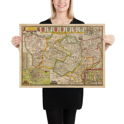 Viejo Mapa de Kent en 1611 por John Speed ​​- Dartford, Maidstone, Bromley, Túnbridge, Gillingham, Chatham