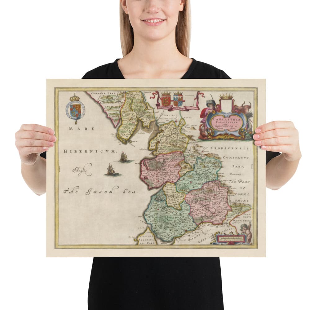 Ancienne carte du Lancashire, 1654 par Joan Blaeu - Manchester, Liverpool, Preston, Blackburn, Windermere 