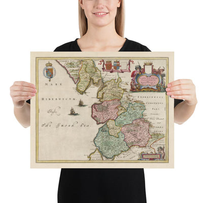 Ancienne carte du Lancashire, 1654 par Joan Blaeu - Manchester, Liverpool, Preston, Blackburn, Windermere 