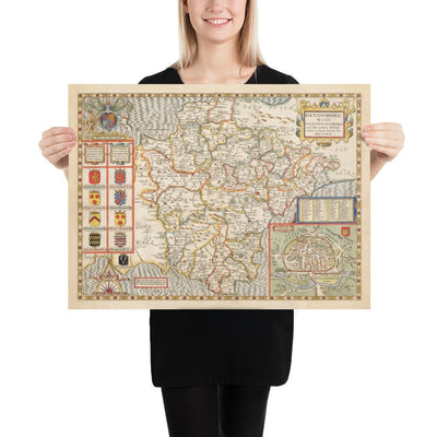 Ancienne carte de Devon, 1611 par John Speed ​​- Plymouth, Exeter, Torquay, Paignton