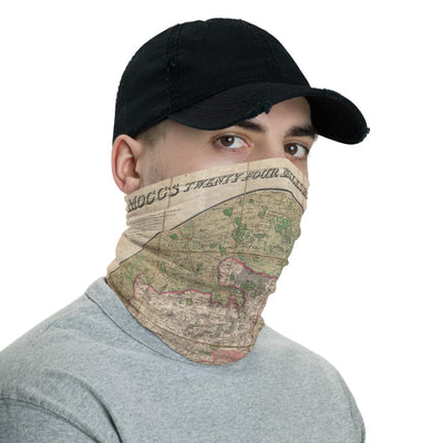 London Face Mask / Neck Gaiter with vintage map print of Mogg's 24 miles around London, 1820