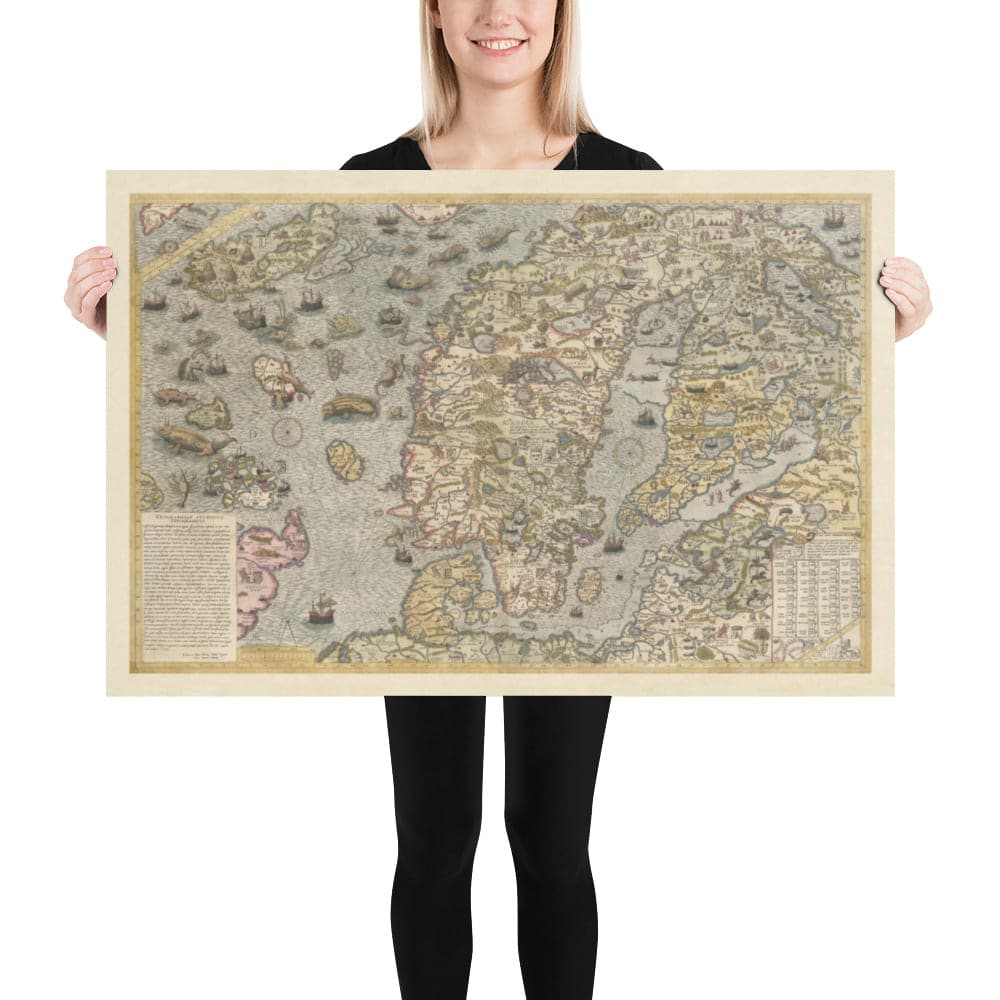 Old Map of Scandinavia, 1539 - Carta Marina by Olaus Magnus - Sea Monster Map - Nordic Countries Denmark, Sweden, Finland