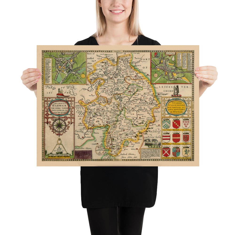 Old Map of Warwickshire in 1611 by John Speed - Birmingham, Coventry, Solihull, Warwick