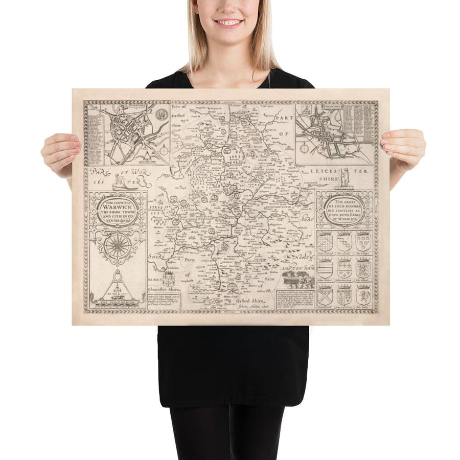 Ancienne carte de Warwickshire en 1611 par John Speed ​​- Birmingham, Coventry, Solihull, Warwick