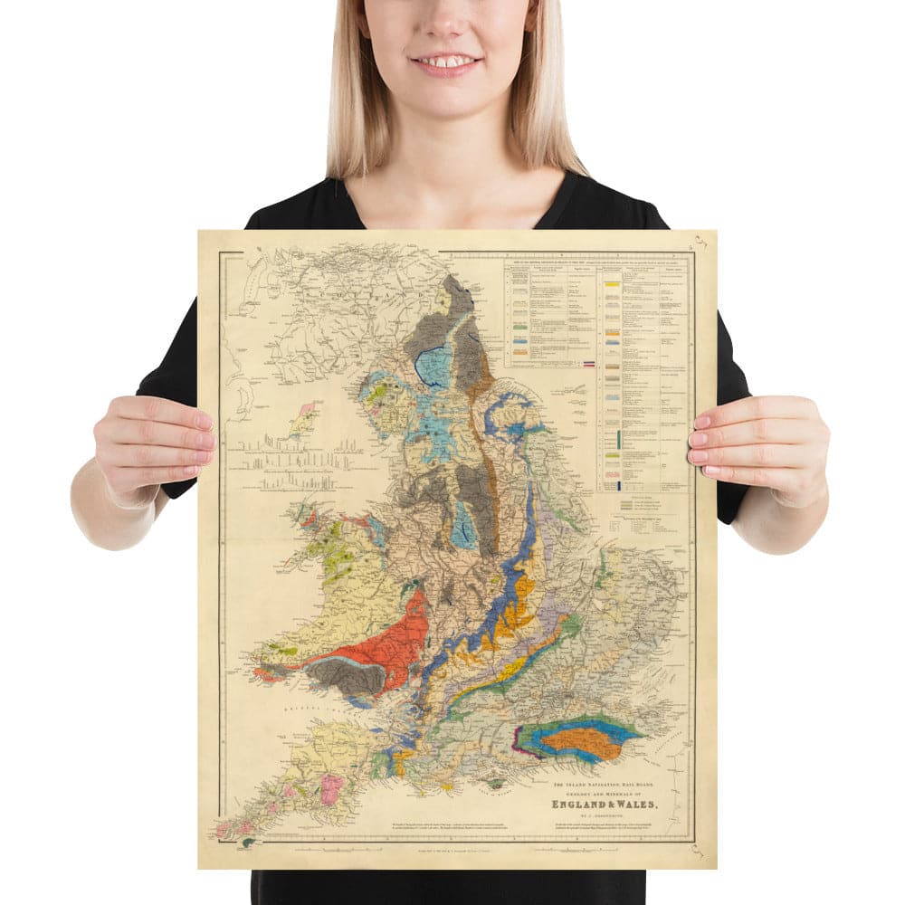 Antiguo mapa geológico y ferroviario de Inglaterra y Gales, 1834 - Mapa geológico