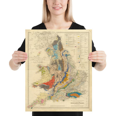 Antiguo mapa geológico y ferroviario de Inglaterra y Gales, 1834 - Mapa geológico