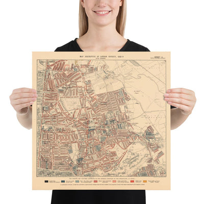Mapa de la pobreza en Londres 1898-9, Distrito Noreste, por Charles Booth - Hackney, London Fields, Clapton, Marshes - E5, E8, E9, E3, N16