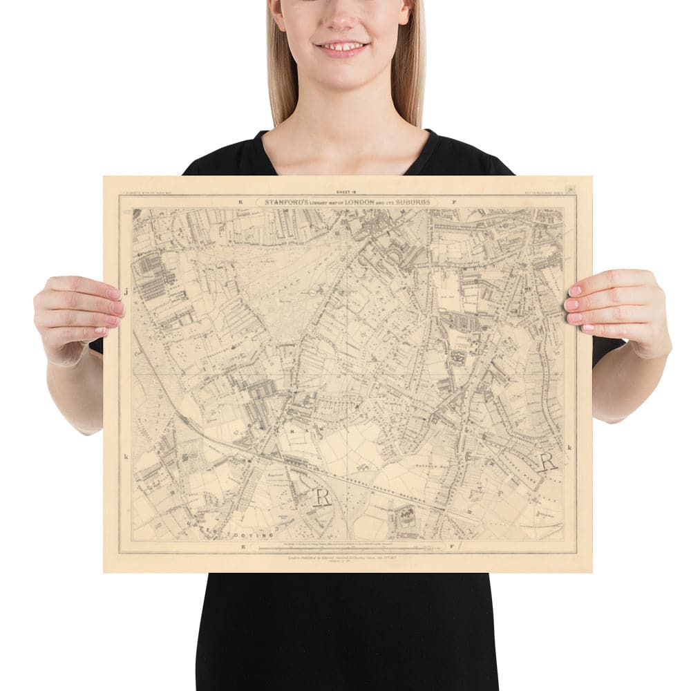 Old Map of South London in 1862 by Edward Stanford - Clapham, Balham, Brixton, Tooting - SW2, SW4, SW12, SW17, SW11
