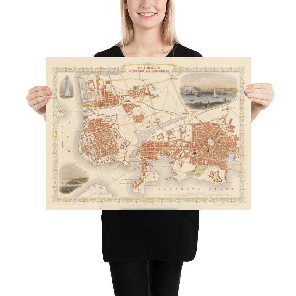 Old Handcoloured Map of Plymouth in 1851 by Tallis, Rapkin - Stonehouse, Devonport