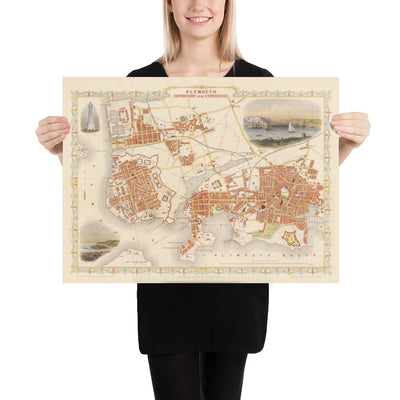 Old Handcoloured Map of Plymouth in 1851 by Tallis, Rapkin - Stonehouse, Devonport