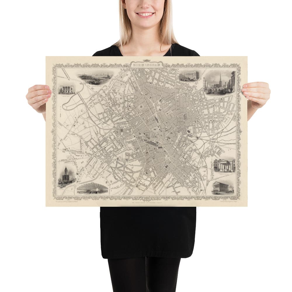 Old Map of Birmingham in 1851 by J. & F. Tallis - Midlands, Brum, City Wall Art