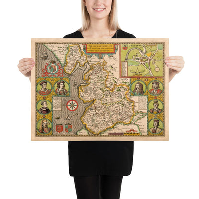 Antigua mapa de Lancashire en 1611 por John Speed - Manchester, Liverpool, Preston, Blackburn, Windermere 