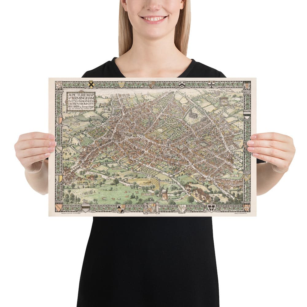 Alter bildlicher Stadtplan von Birmingham im Jahr 1730 von Bernard Sleigh 