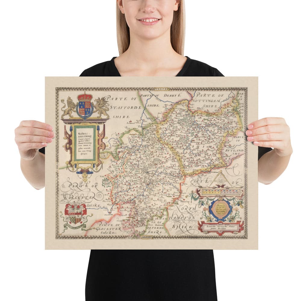 Ancienne carte de Warwick - Leicester 1579, par Christopher Saxton - Birmingham, Coventry, Solihull, Nuneaton