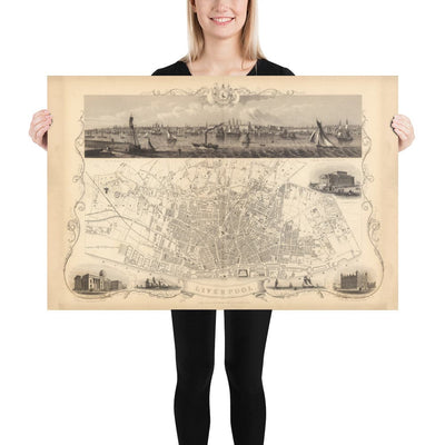 Old Monochrome Map of Liverpool by John Rapkin, 1851