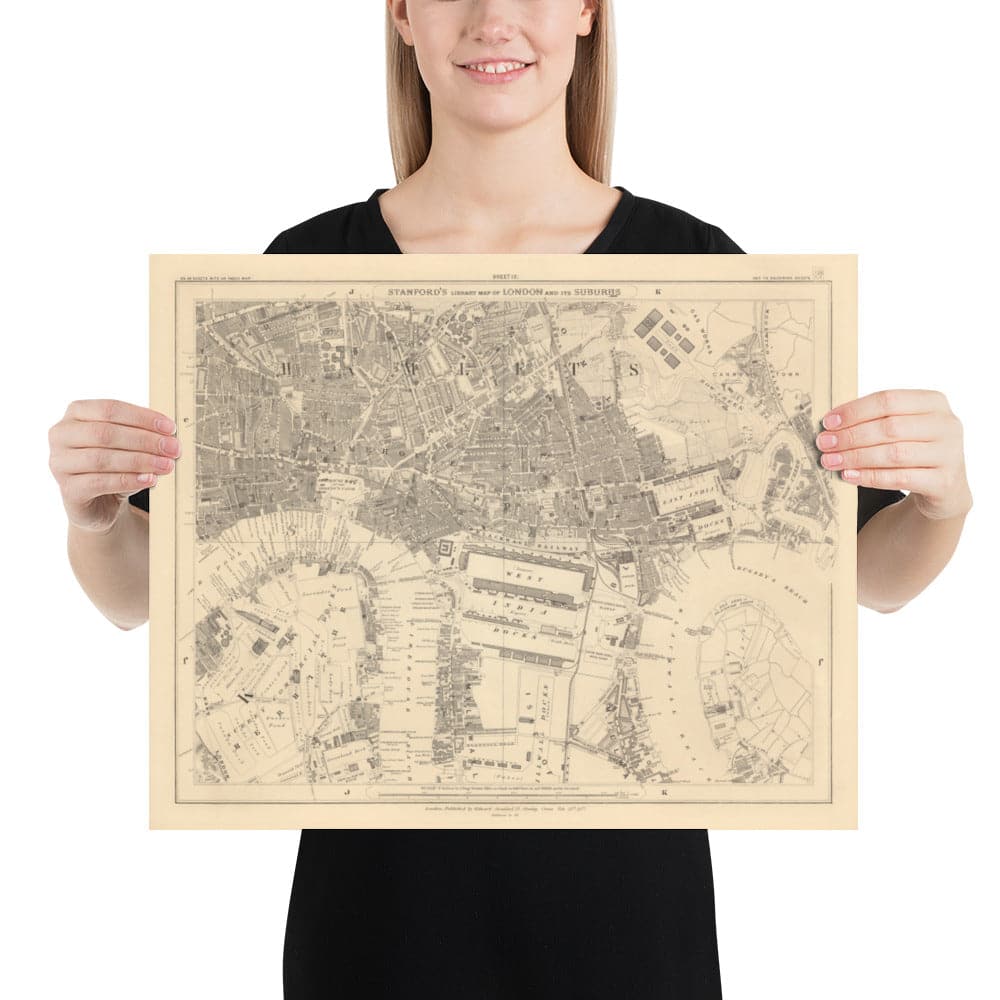 Mapa antiguo de East London en 1862 de Edward Stanford - Isla de Perros, Tower Hamlets, Limehouse, Poplar, Surrey Quays - E1, E3, E14, SE16