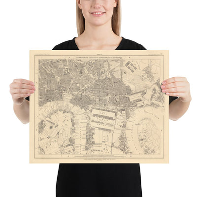 Mapa antiguo de East London en 1862 de Edward Stanford - Isla de Perros, Tower Hamlets, Limehouse, Poplar, Surrey Quays - E1, E3, E14, SE16