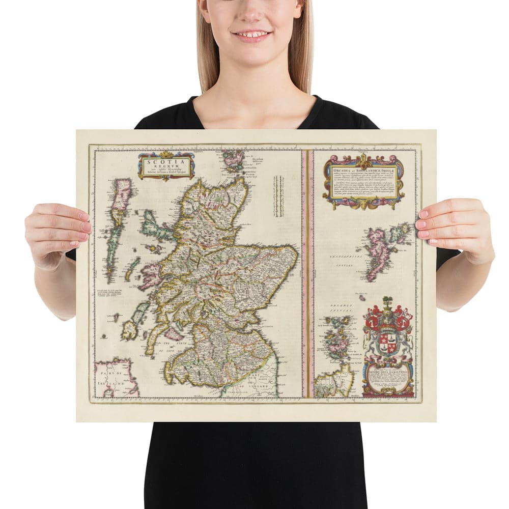 Antiguo mapa de Escocia, Islas Shetland y Orcadas en 1654 por Joan Blaeu del Theatrum Orbis Terrarum Sive Atlas Novus