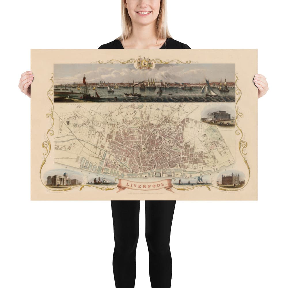 Alte Farbkarte von Liverpool von Tallis & Rapkin, 1851 - Docks, Mersey, Stadtzentrum 