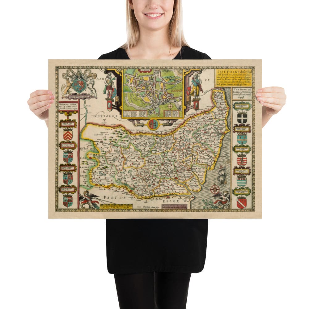 Old Map of Suffolk, 1611 by John Speed - Ipswich, Lowestoft, Bury St Edmunds, Haverhill