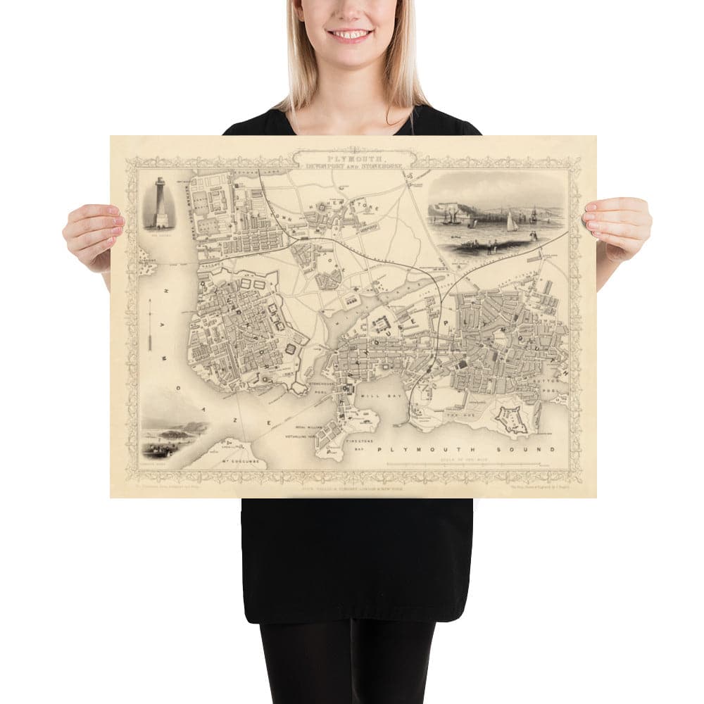 Old Monochrome Map of Plymouth in 1851 by Tallis, Rapkin - Stonehouse, Devonport
