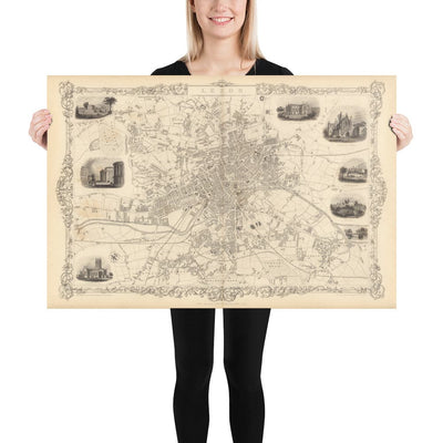 Raro mapa antiguo de Leeds en 1851 por John Rapkin