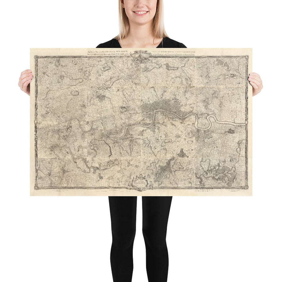 Ancienne carte de Londres et de 10 miles autour par John Rocque en 1746 - avec Hackney, Wimbledon, Highgate, Richmond et d&