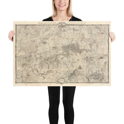 Antiguo mapa de Londres y 10 millas a la redonda, realizado por John Rocque en 1746, en el que aparecen Hackney, Wimbledon, Highgate, Richmond y otros suburbios de Londres