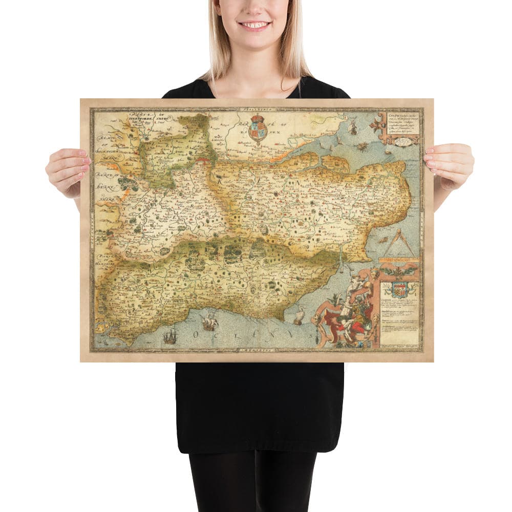 Old Map of Southeast England in 1575 by Saxton - Rare First Map of London, Kent, Sussex, Surrey, Middlesex