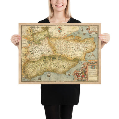 Old Map of Southeast England in 1575 by Saxton - Rare First Map of London, Kent, Sussex, Surrey, Middlesex