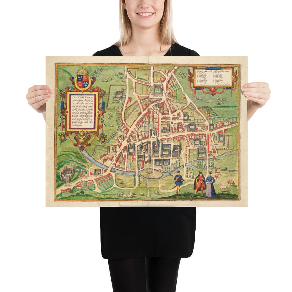 Alte Farbkarte von Cambridge und den Universitätskollegs, 1575 von Georg Braun - Trinity, Kings, Queens, Clare, Peterhouse, Christ's, Caius 